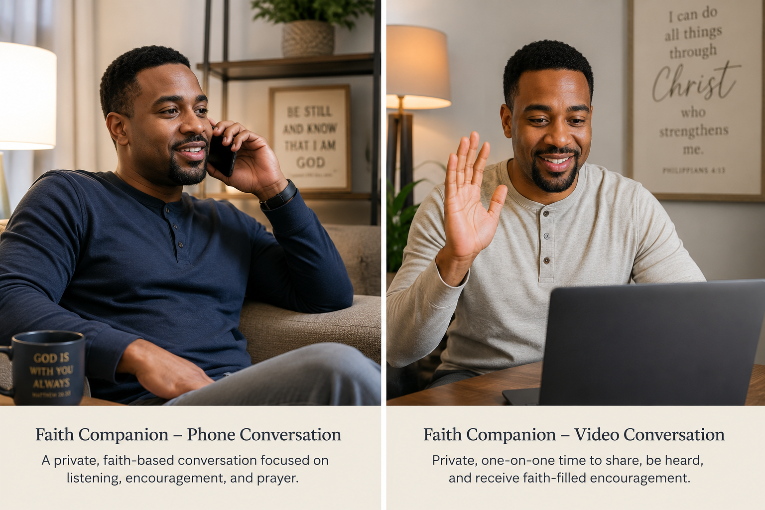 Two men in prayerful faith-based conversations — one by phone, one by video